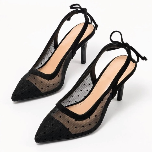 Polkadot mesh black bow detail heels - Picture 2 of 6